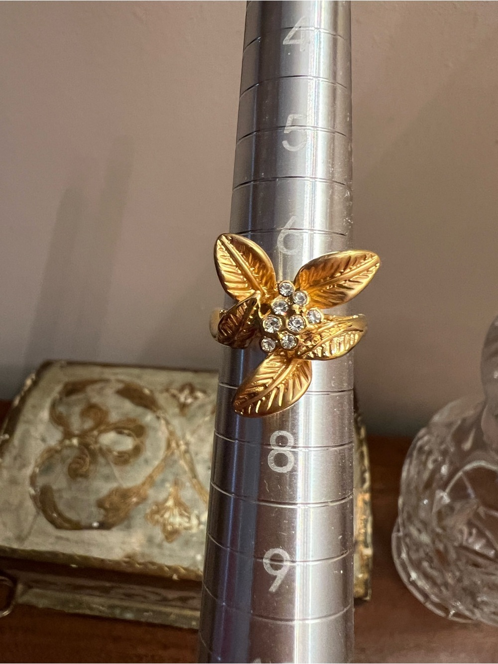 Gold Leaf Floral Ring with Crystal Accents Size 7 - Picture 3 of 6